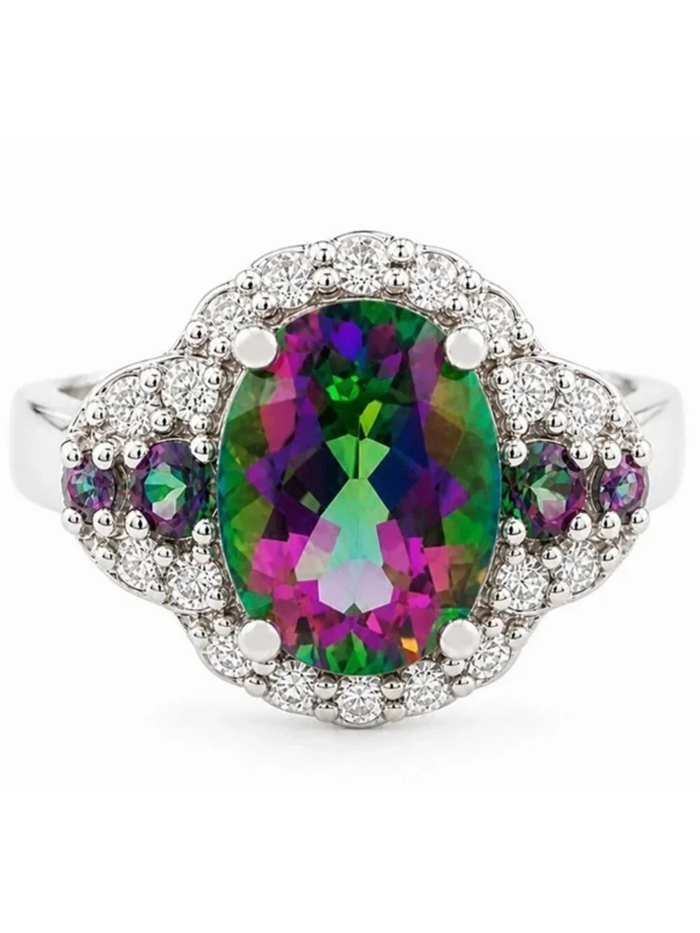Created 2.74 Cts Mystic Topaz & White Sapphires Ring Solid .925 Silver